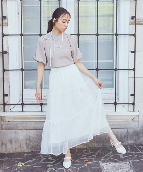 earth music&ecology（アースミュージックアンドエコロジー）の「リボンチュールティアードスカート（スカート・レディース・アイボリー/ブラック/ピンク・FREE）」の9枚目の写真
