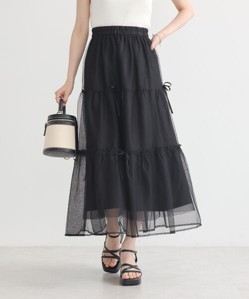 earth music&ecology（アースミュージックアンドエコロジー）の「リボンチュールティアードスカート（スカート・レディース・アイボリー/ブラック/ピンク・FREE）」の8枚目の写真