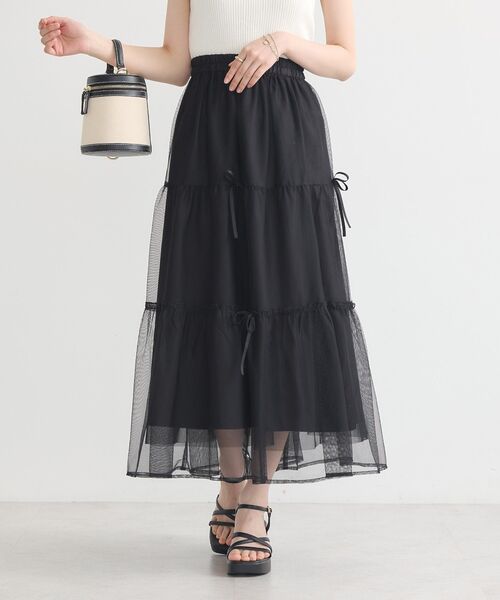 earth music&ecology（アースミュージックアンドエコロジー）の「リボンチュールティアードスカート（スカート・レディース・アイボリー/ブラック/ピンク・FREE）」の4枚目の写真