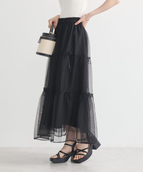 earth music&ecology（アースミュージックアンドエコロジー）の「リボンチュールティアードスカート（スカート・レディース・アイボリー/ブラック/ピンク・FREE）」の14枚目の写真