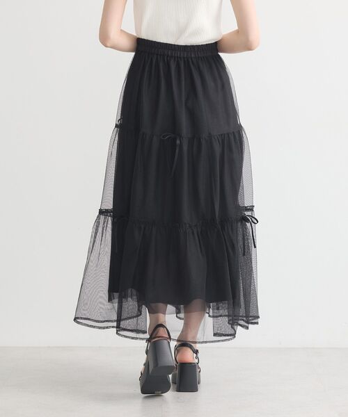 earth music&ecology（アースミュージックアンドエコロジー）の「リボンチュールティアードスカート（スカート・レディース・アイボリー/ブラック/ピンク・FREE）」の5枚目の写真