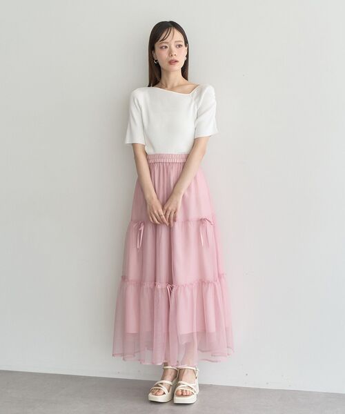 earth music&ecology（アースミュージックアンドエコロジー）の「リボンチュールティアードスカート（スカート・レディース・アイボリー/ブラック/ピンク・FREE）」の6枚目の写真