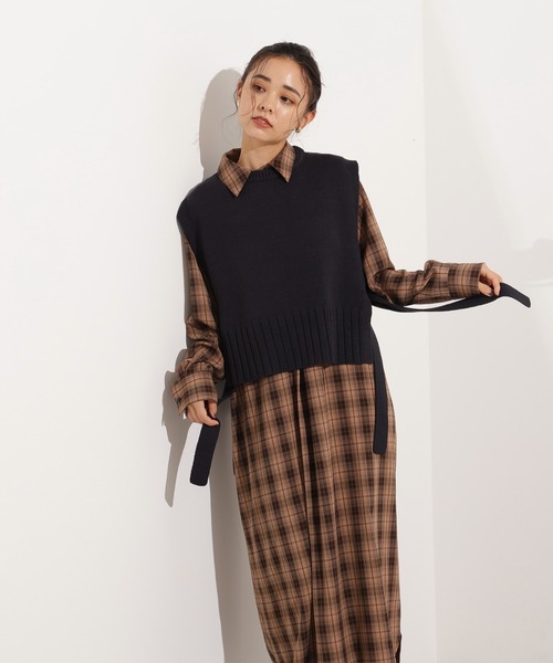 N.（N. Natural Beauty Basic）（エヌエヌナチュラルビューティーベーシック）の「【PS/低身長サイズ】ニットベストセットチェックワンピース（ワンピース・レディース・ベージュ系その他/ネイビー系・MEDIUM/PS）」の16枚目の写真