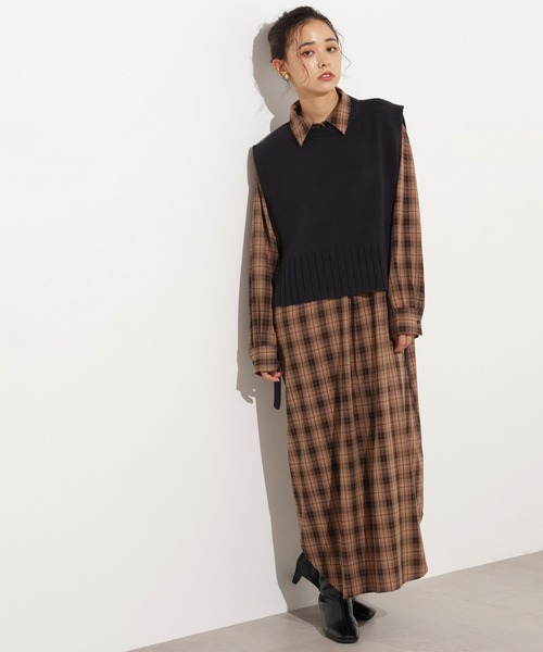 N.（N. Natural Beauty Basic）（エヌエヌナチュラルビューティーベーシック）の「【PS/低身長サイズ】ニットベストセットチェックワンピース（ワンピース・レディース・ベージュ系その他/ネイビー系・MEDIUM/PS）」の5枚目の写真