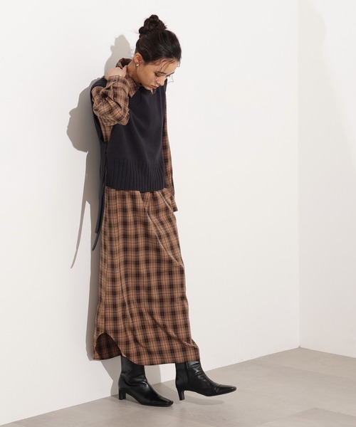 N.（N. Natural Beauty Basic）（エヌエヌナチュラルビューティーベーシック）の「【PS/低身長サイズ】ニットベストセットチェックワンピース（ワンピース・レディース・ベージュ系その他/ネイビー系・MEDIUM/PS）」の7枚目の写真