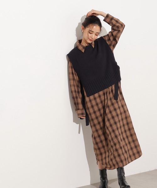 N.（N. Natural Beauty Basic）（エヌエヌナチュラルビューティーベーシック）の「【PS/低身長サイズ】ニットベストセットチェックワンピース（ワンピース・レディース・ベージュ系その他/ネイビー系・MEDIUM/PS）」の8枚目の写真
