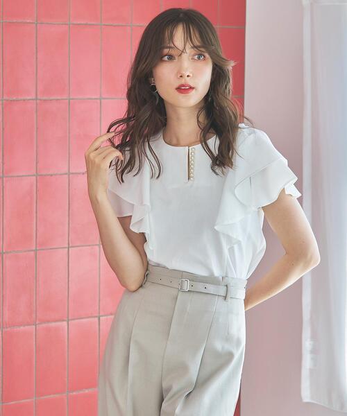 SWINGLE（スウィングル）の「フリルスリーブパールキーネックカットソー（Tシャツ/カットソー・レディース・オフホワイト/ピンク/ブラック・FREE）」の4枚目の写真