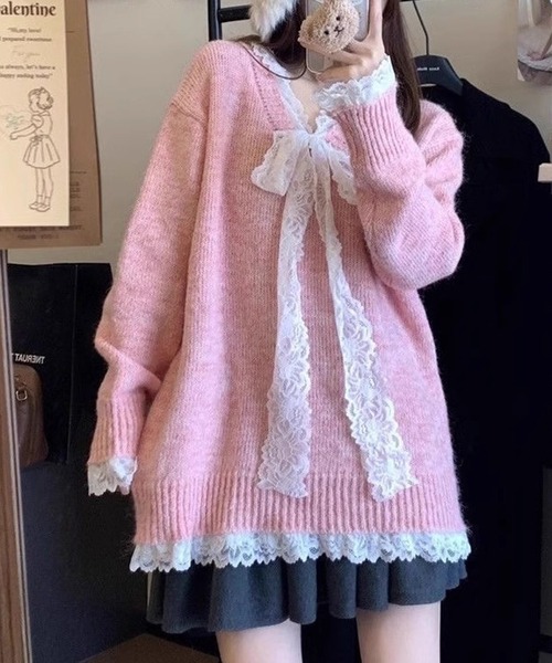 セール】Vネック レース リボン ニット プルオーバー（ニット/セーター