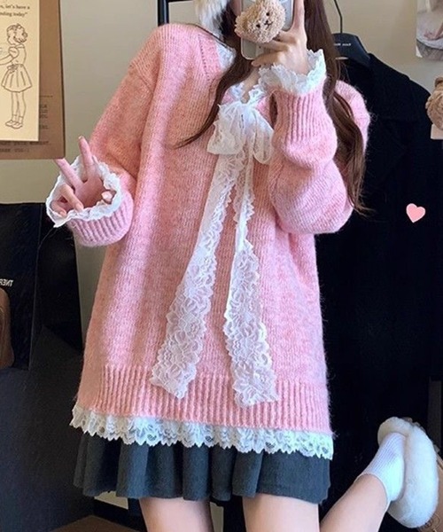 セール】Vネック レース リボン ニット プルオーバー（ニット/セーター