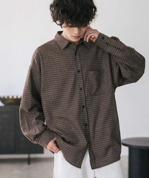Rocky Monroe（ロッキーモンロー）の「新色追加 オーバーサイズレギュラーカラー長袖ネルシャツ チェック柄/オンブレチェック/無地（シャツ/ブラウス・メンズ・ブラック/アイボリー/ブラック系/ブラック系1/ベージュ系/レッド系/ホワイト系/ブラック系2/ブラック系3/ブラウン系/ネイビー系・M/L/XL）」の8枚目の写真