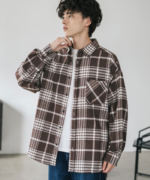 Rocky Monroe（ロッキーモンロー）の「新色追加 オーバーサイズレギュラーカラー長袖ネルシャツ チェック柄/オンブレチェック/無地（シャツ/ブラウス・メンズ・ブラック/アイボリー/ブラック系/ブラック系1/ベージュ系/レッド系/ホワイト系/ブラック系2/ブラック系3/ブラウン系/ネイビー系・M/L/XL）」の9枚目の写真