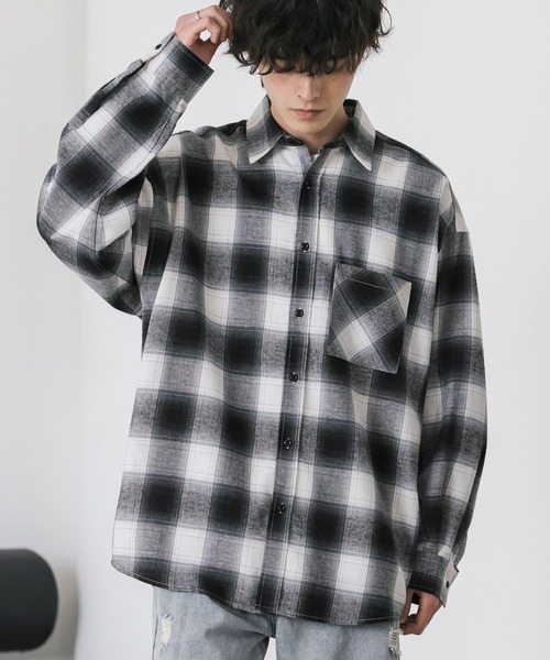 Rocky Monroe（ロッキーモンロー）の「新色追加 オーバーサイズレギュラーカラー長袖ネルシャツ チェック柄/オンブレチェック/無地（シャツ/ブラウス・メンズ・ブラック/アイボリー/ブラック系/ブラック系1/ベージュ系/レッド系/ホワイト系/ブラック系2/ブラック系3/ブラウン系/ネイビー系・M/L/XL）」の17枚目の写真