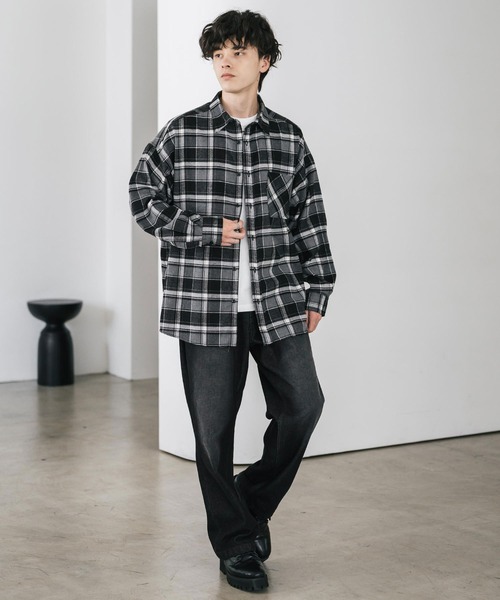 新色追加 オーバーサイズレギュラーカラー長袖ネルシャツ チェック柄