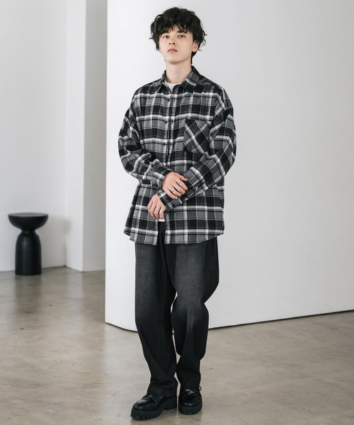 新色追加 オーバーサイズレギュラーカラー長袖ネルシャツ チェック柄
