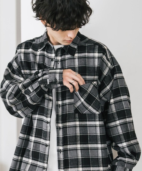 新色追加 オーバーサイズレギュラーカラー長袖ネルシャツ チェック柄