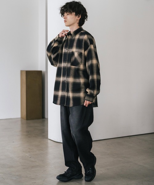 新色追加 オーバーサイズレギュラーカラー長袖ネルシャツ チェック柄