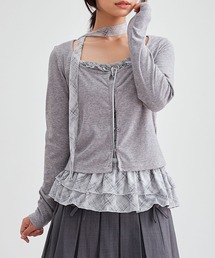 【2点セット】チェック柄 フリル インナー × ラウンドネック カーディガン