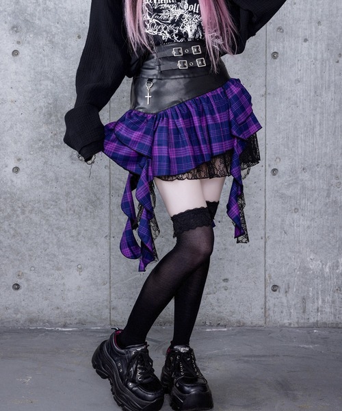 Amilige（アミリージュ）の「ハイウエストチェックイレギュラーヘムフレアスカート（スカート・レディース・ブラック×パープル/ブラック×グレー・FREE）」の13枚目の写真