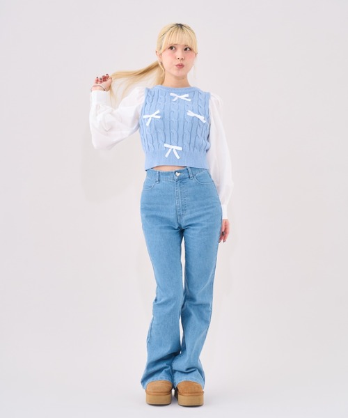 Seiney Blonde（セイニーブロンド）の「Ribbon knit docking setup / リボンニットドッキングセットアップ（ニット/セーター・レディース・ライトブルー・MEDIUM/SMALL）」の3枚目の写真