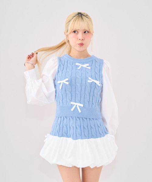 Seiney Blonde（セイニーブロンド）の「Ribbon knit docking setup / リボンニットドッキングセットアップ（ニット/セーター・レディース・ライトブルー・MEDIUM/SMALL）」の6枚目の写真