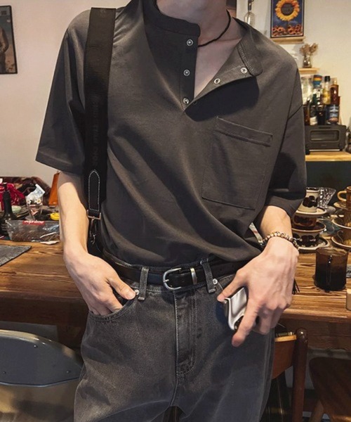 NOWLE(ノウル)の「【NOWLE】スナップボタン ヘンリーネック 半袖 Tシャツ(Tシャツ/カットソー・メンズ・ホワイト/ダークグレー・MEDIUM/LARGE/X-LARGE)」の13枚目の写真