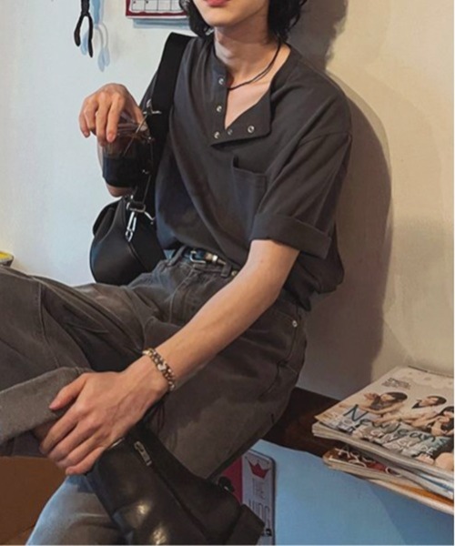 NOWLE(ノウル)の「【NOWLE】スナップボタン ヘンリーネック 半袖 Tシャツ(Tシャツ/カットソー・メンズ・ホワイト/ダークグレー・MEDIUM/LARGE/X-LARGE)」の14枚目の写真