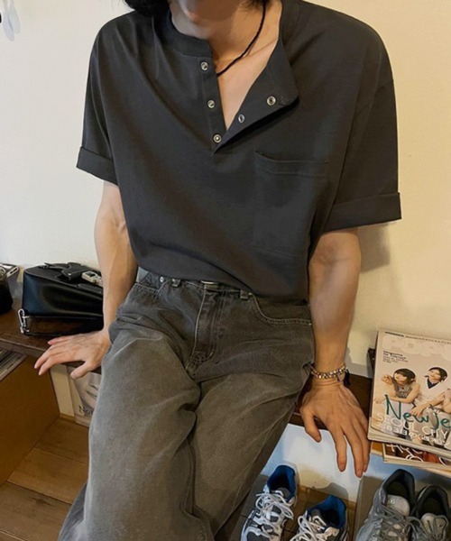 NOWLE(ノウル)の「【NOWLE】スナップボタン ヘンリーネック 半袖 Tシャツ(Tシャツ/カットソー・メンズ・ホワイト/ダークグレー・MEDIUM/LARGE/X-LARGE)」の15枚目の写真
