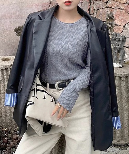 DAY CLOSET(デイ クローゼット)の「レディース オンオフ問わず着られる上品ニット。長袖メロウフリルニットトップス(ニット/セーター・レディース・ホワイト/グレー/ブラック/アイボリー・FREE)」の4枚目の写真