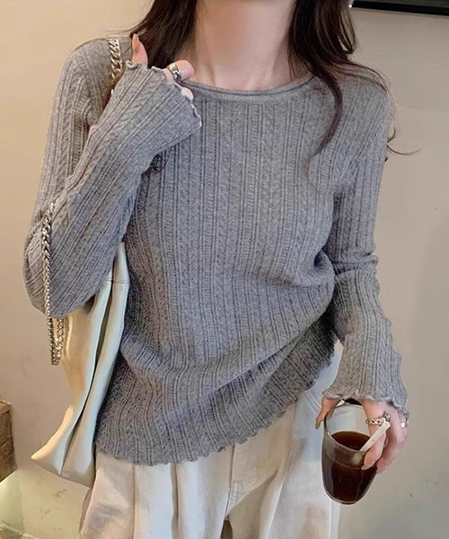 DAY CLOSET(デイ クローゼット)の「レディース オンオフ問わず着られる上品ニット。長袖メロウフリルニットトップス(ニット/セーター・レディース・ホワイト/グレー/ブラック/アイボリー・FREE)」の13枚目の写真