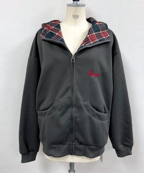 セール】チェック柄切替オーバーサイズジップアップパーカー（パーカー