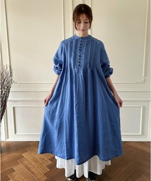 美品　ビュルデサボン　リネン100% 千鳥格子柄 シャツロングワンピース麻100 セール】 ◇オリジナルチェックシャツワンピース （ワンピース