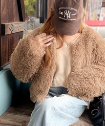 ノーカラーコート（ブラウン/茶色系・フェイクファー）ファッション