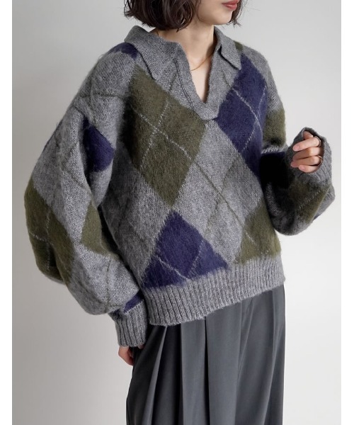 セール】キーネックアーガイルモヘアタッチニットトップス（ニット