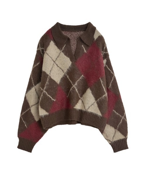 セール】キーネックアーガイルモヘアタッチニットトップス（ニット