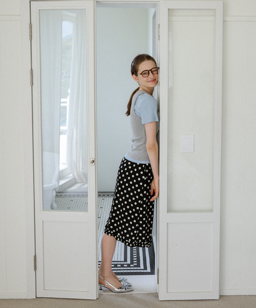DOT SILKY FRILL BANDDING MIDI SKIRT_BLACK