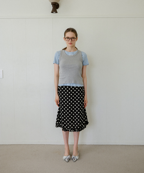 DOT SILKY FRILL BANDDING MIDI SKIRT_BLACK