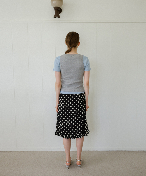 DOT SILKY FRILL BANDDING MIDI SKIRT_BLACK
