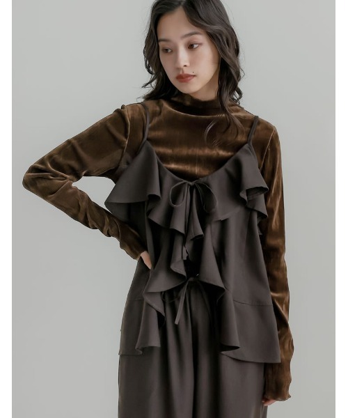 Re:EDIT（リエディ）の「[2025 WINTER COLLECTION][アンチピリング][毛玉になりにくい]ヘリンボーン微起毛フリルキャミソールビスチェ（キャミソール・レディース・ブラック/チャコールグレー/ブラウン・MEDIUM/LARGE）」の9枚目の写真