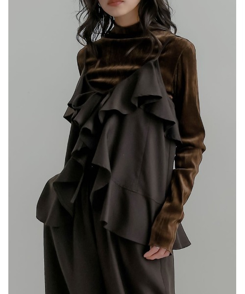 Re:EDIT（リエディ）の「[2025 WINTER COLLECTION][アンチピリング][毛玉になりにくい]ヘリンボーン微起毛フリルキャミソールビスチェ（キャミソール・レディース・ブラック/チャコールグレー/ブラウン・MEDIUM/LARGE）」の11枚目の写真