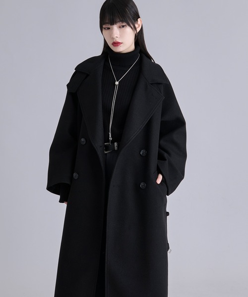 専用size52 エトロ 肉厚ウールニット製ロングコート 裏地付き ブラック セール】ニットメルトン ｜ アシメ スタンドカラー ロングコート (共地