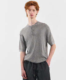 BLACK MOMENT（ブラックモーメント）の「サマーケーブルヘンリーネックニット半袖Tシャツ[ライトグレー]（Tシャツ/カットソー）」