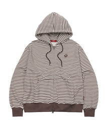 Stripe Logo Hoodie Zip Up Brown