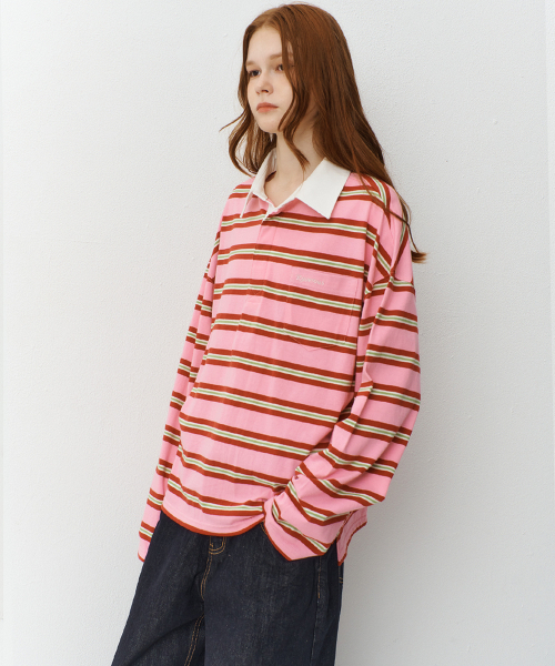 RAVEROUS(レイバーロス)の「オーバーサイズストライプカラーTシャツ_ピンク(ポロシャツ・レディース・その他・FREE)」の3枚目の写真