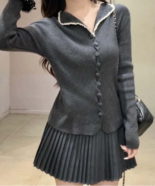 LADY LIKE(レディライク)の「ミニレース付きツイスト釦リブニット(ニット/セーター・レディース・ブラック/グレー・M)」の13枚目の写真