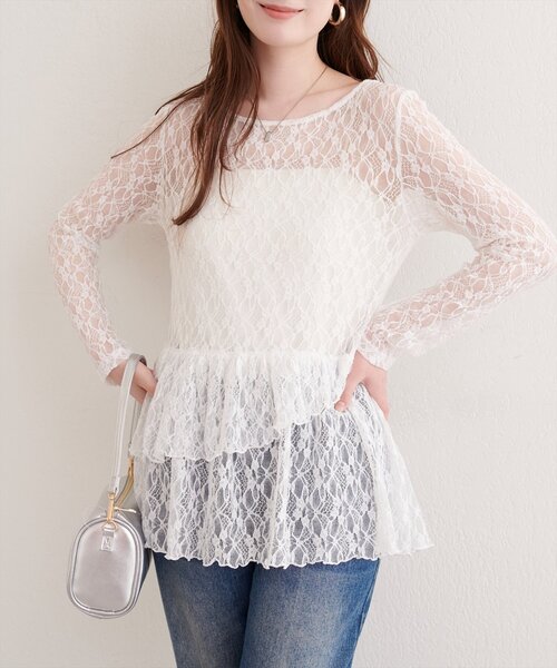 natural couture（ナチュラルクチュール）の「総レースティアードTOPS（Tシャツ/カットソー・レディース・ブラック/オフホワイト/ドット・FREE）」の5枚目の写真