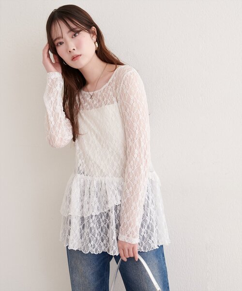 natural couture（ナチュラルクチュール）の「総レースティアードTOPS（Tシャツ/カットソー・レディース・ブラック/オフホワイト/ドット・FREE）」の6枚目の写真