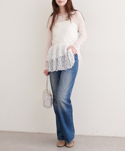 natural couture（ナチュラルクチュール）の「総レースティアードTOPS（Tシャツ/カットソー・レディース・ブラック/オフホワイト/ドット・FREE）」の8枚目の写真