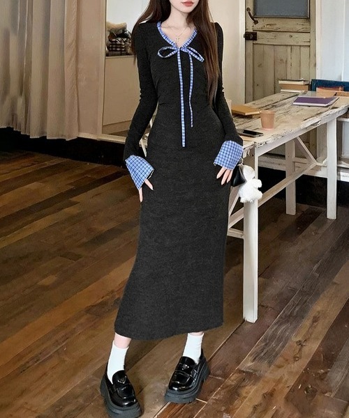 Miniministore(ミニミニストア)の「配色リボンニットマーメイドワンピース長袖(ワンピース・レディース・チャコールグレー・S/M)」の2枚目の写真