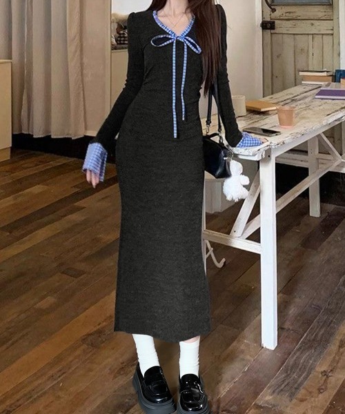 Miniministore(ミニミニストア)の「配色リボンニットマーメイドワンピース長袖(ワンピース・レディース・チャコールグレー・S/M)」の4枚目の写真