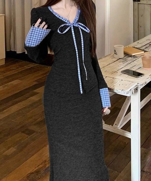 Miniministore(ミニミニストア)の「配色リボンニットマーメイドワンピース長袖(ワンピース・レディース・チャコールグレー・S/M)」の6枚目の写真